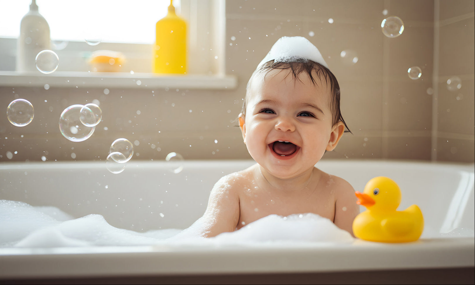 Baby in a bathtub with bubbles and a rubber duck, with bath products on a shelf in the background.